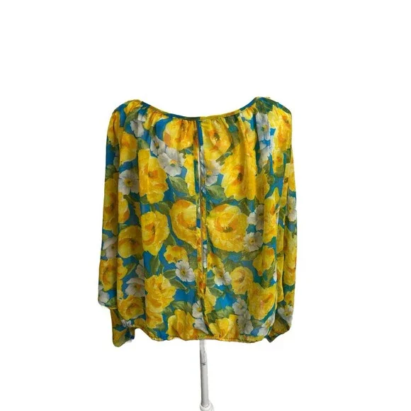 Ambiance Apparel Blouse Women's L Blue & Yellow Floral Semi Sheer Long Sleeve - Picture 3 of 6